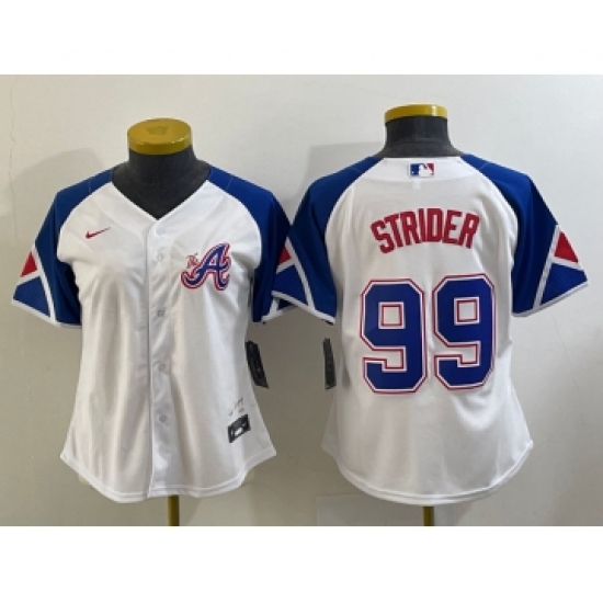 Women's Atlanta Braves #99 Spencer Strider White 2023 City Connect Cool Base Stitched Jersey - Ujersey