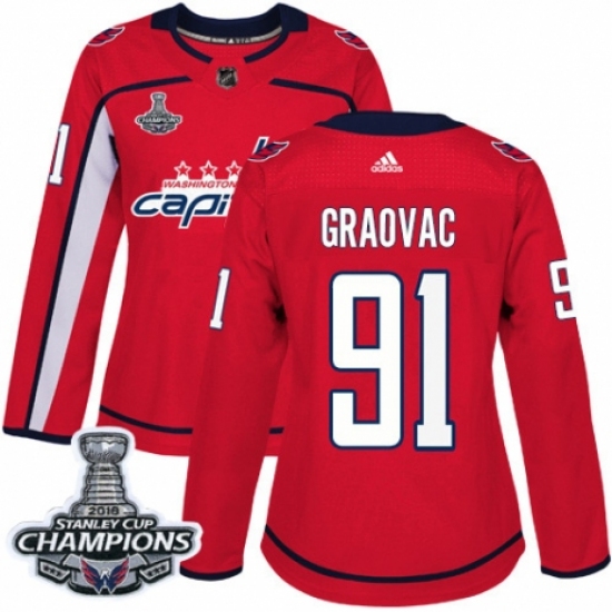 Women's Adidas Washington Capitals #91 Tyler Graovac Authentic Red Home 2018 Stanley Cup Final Champions NHL Jersey - Ujersey