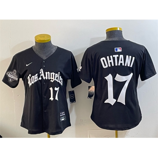 Women's Los Angeles Dodgers #17 Shohei Ohtani Black 2025 World Series Champions LA Gothic Edition Limited Stitched Baseball Jersey(Run Small) - Ujersey