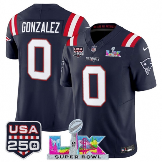 Men's New England Patriots #0 Christian Gonzalez Navy 2025 F.U.S.E. Super Bowl LX And USA 250 Vapor Limited Football Stitched Jersey - Ujersey
