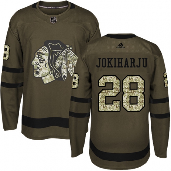 Men's Adidas Chicago Blackhawks #28 Henri Jokiharju Authentic Green Salute to Service NHL Jersey - Ujersey
