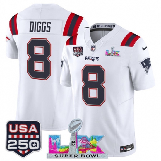 Men's New England Patriots #8 Stefon Diggs White 2025 F.U.S.E. Super Bowl LX And USA 250 Vapor Limited Football Stitched Jersey - Ujersey