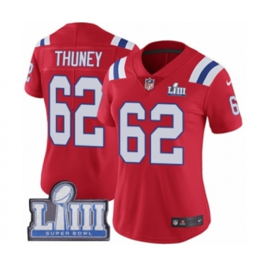 Women's Nike New England Patriots #62 Joe Thuney Red Alternate Vapor Untouchable Limited Player Super Bowl LIII Bound NFL Jersey - Ujersey