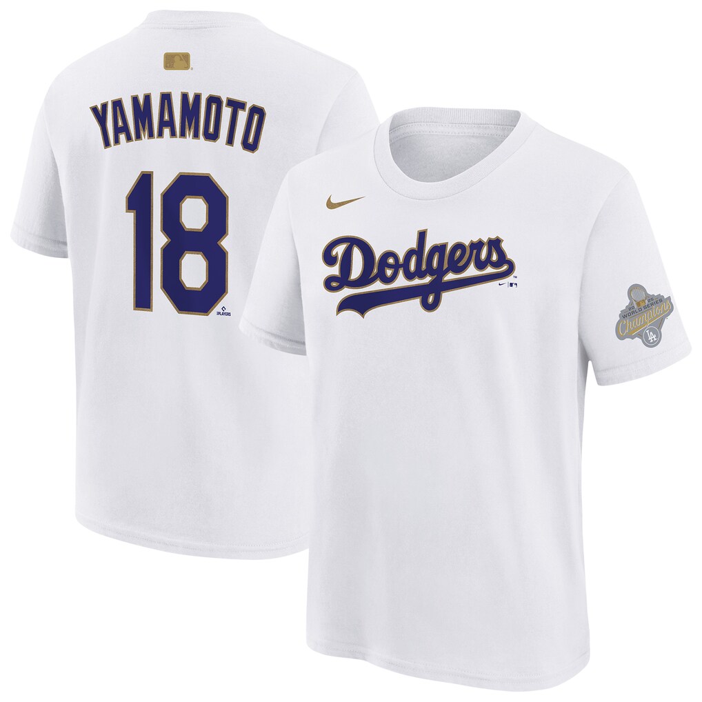 Youth Los Angeles Dodgers Yoshinobu Yamamoto Nike White 2026 Gold Collection Name & Number T-Shirt