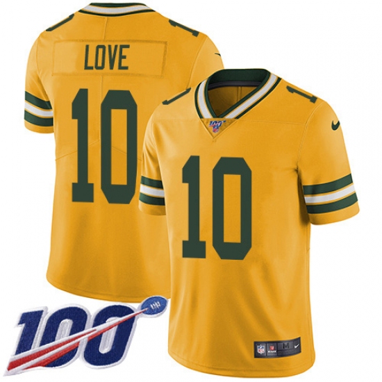 Youth Green Bay Packers #10 Jordan Love Yellow Stitched NFL Limited Rush 100th Season Jersey - Ujersey