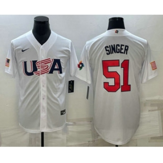 Men's USA Baseball #51 Brady Singer 2023 White World Baseball Classic Stitched Jerseys