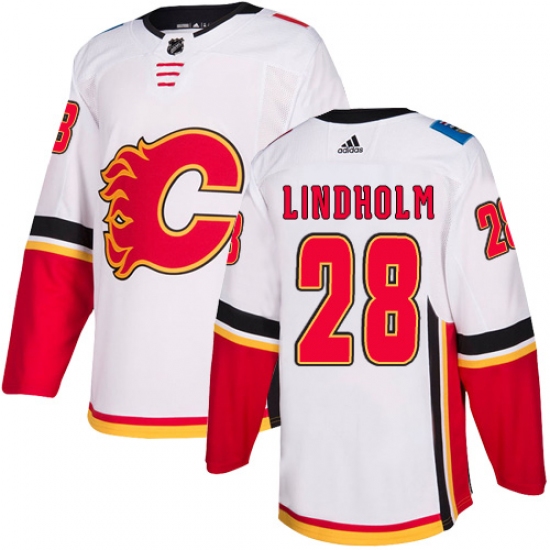 Men's Adidas Calgary Flames #28 Elias Lindholm White Road Authentic Stitched NHL Jersey - Ujersey