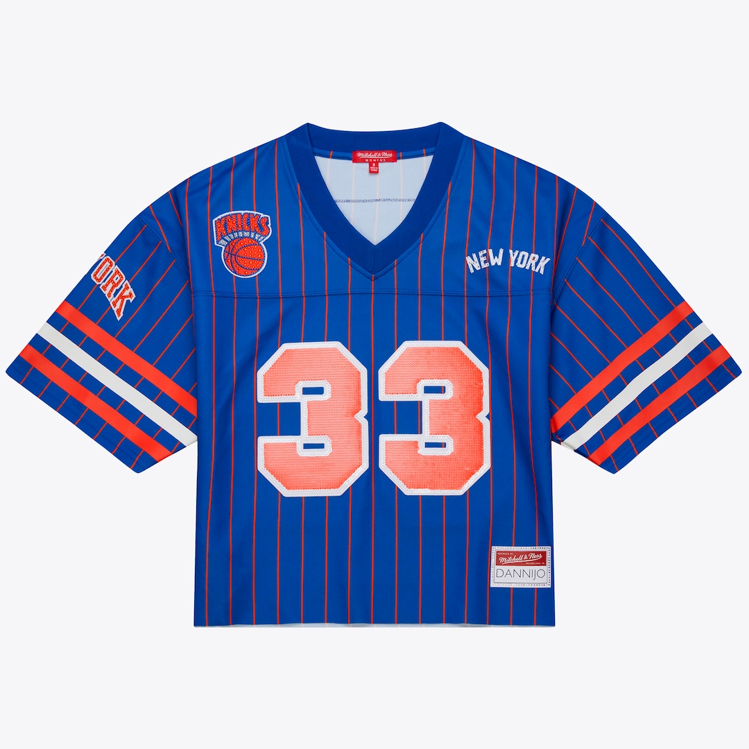 Women's New York Knicks Patrick Ewing Mitchell & Ness x DANNIJO Blue Name & Number Cropped Football Jersey - Ujersey