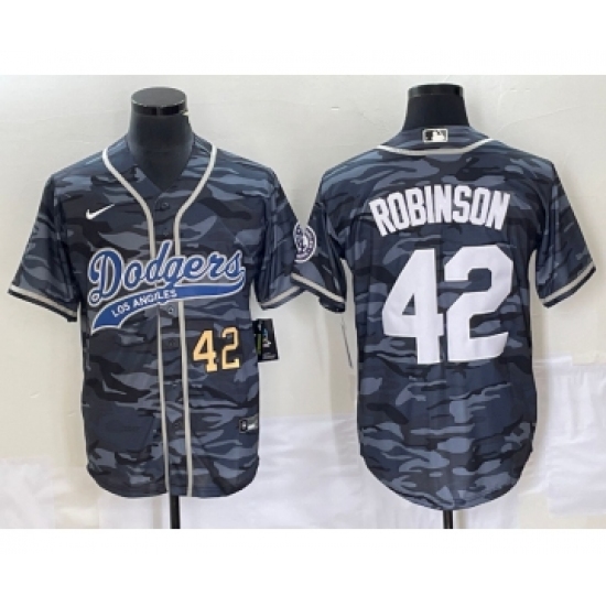 Men's Los Angeles Dodgers #42 Jackie Robinson Number Grey Camo Cool Base Stitched Baseball Jersey - Ujersey