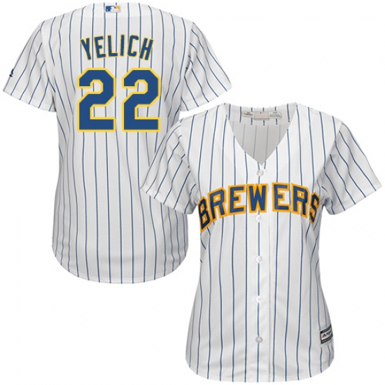 Women's Milwaukee Brewers #22 Christian Yelich White Strip Home Stitched MLB Jersey - Ujersey