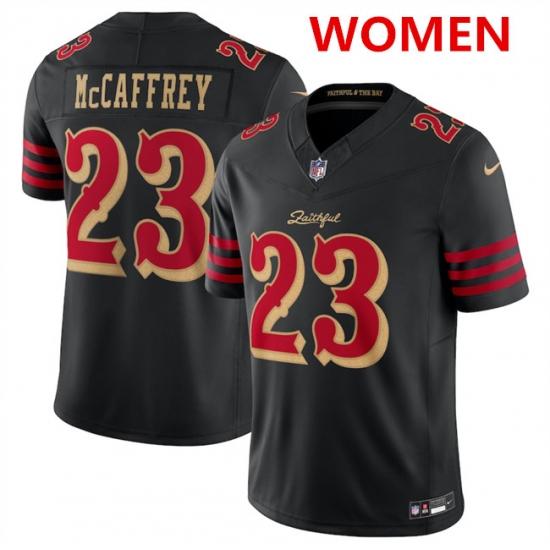 Women's San Francisco 49ers #23 Christian McCaffrey Black 2025 F.U.S.E. “Rivalries” Vapor Limited Stitched Football Jersey(Run Small) - Ujersey