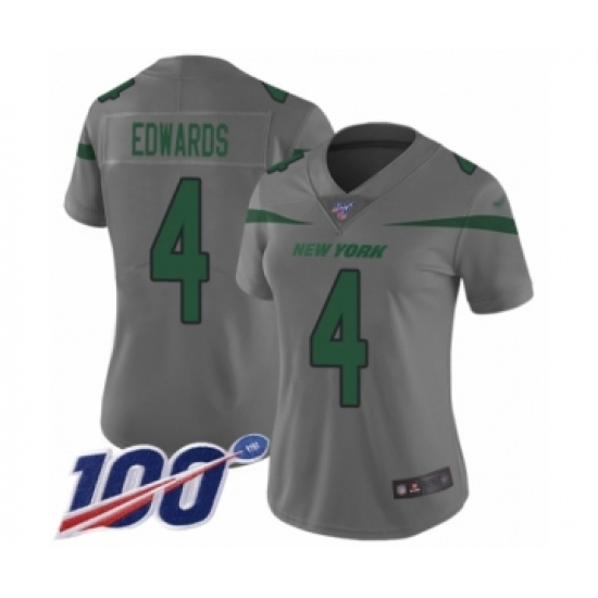 Women's New York Jets #4 Lac Edwards Limited Gray Inverted Legend 100th Season Football Jersey - Ujersey