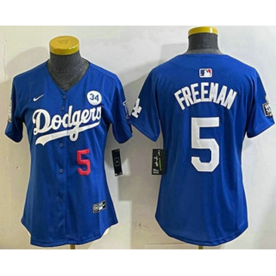 Women's Los Angeles Dodgers #5 Freddie Freeman Number Blue 2024 World Series With Fernando 34 Limited Stitched Jersey - Ujersey