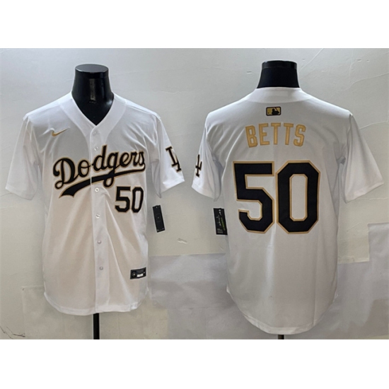 Men's Los Angeles Dodgers #50 Mookie Betts White Gold Limited Stitched Baseball Jersey - Ujersey