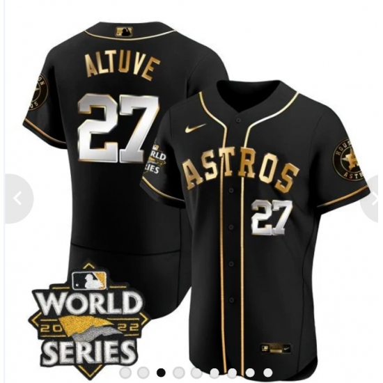 Men's Houston Astros #27 Jose Altuve Number Black 2022 World Series patches Jersey - Ujersey