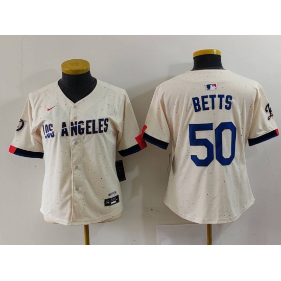 Women's Los Angeles Dodgers #50 Mookie Betts Cream 2024 City Connect Limited Stitched Jersey - Ujersey