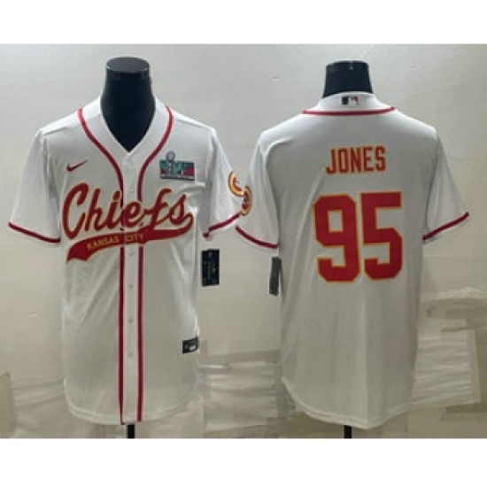 Men's Kansas City Chiefs #95 Chris Jones White With Super Bowl LVII Patch Cool Base Stitched Baseball Jersey - Ujersey