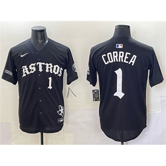 Men's Houston Astros #1 Carlos Correa Black Gothic 'Houston Born Barrio Raised' Limited Stitched Baseball Jersey - Ujersey