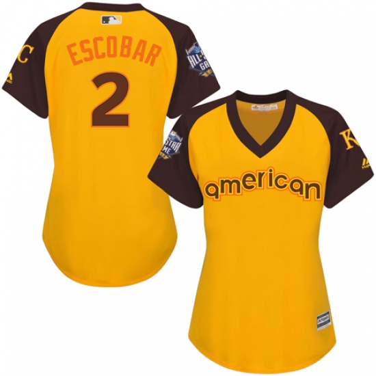 Women's Majestic Kansas City Royals #2 Alcides Escobar Authentic Yellow 2016 All-Star American League BP Cool Base MLB Jersey - Ujersey
