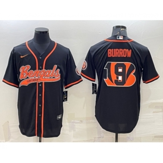 Men's Cincinnati Bengals #9 Joe Burrow Black Team Big Logo With Patch Cool Base Stitched Baseball Jersey - Ujersey