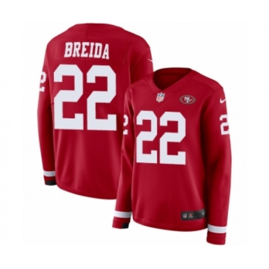 Women's Nike San Francisco 49ers #22 Matt Breida Limited Red Therma Long Sleeve NFL Jersey - Ujersey