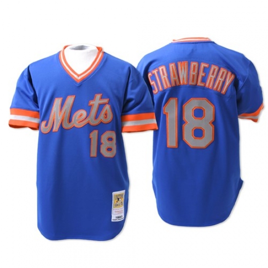 Men's Mitchell and Ness New York Mets #18 Darryl Strawberry Replica Blue Throwback MLB Jersey - Ujersey