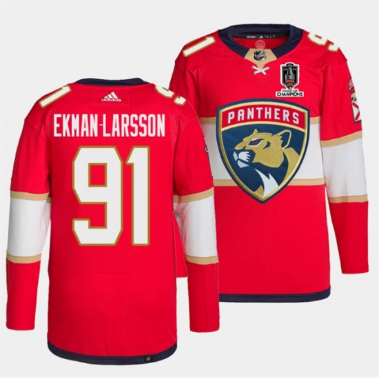Men's Florida Panthers #91 Oliver Ekman-Larsson Red Home 2024 Stanley Cup Champions Stitched Jersey - Ujersey