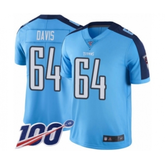 Men's Tennessee Titans #64 Nate Davis Limited Light Blue Rush Vapor Untouchable 100th Season Football Jersey - Ujersey