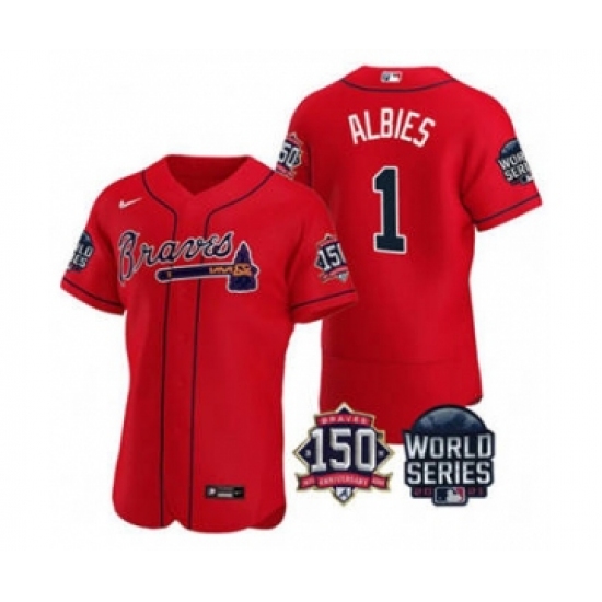 Men's Atlanta Braves #1 Ozzie Albies 2021 Red World Series Flex Base With 150th Anniversary Patch Baseball Jersey - Ujersey