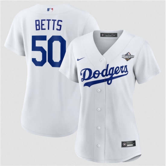 Women's Los Angeles Dodgers #50 Mookie Betts White 2025 World Series Home Cool Base Stitched Baseball Jersey(Run Small) - Ujersey