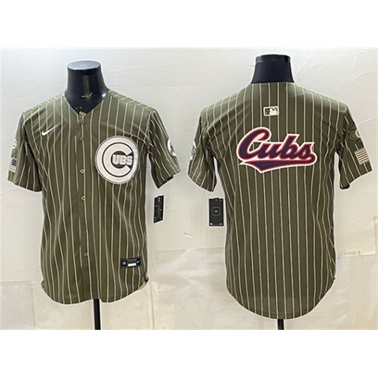 Men's Chicago Cubs Team Big Logo Pinstripe Olive 2026 Armed Forces Day Salute To Service Stitched Baseball Jersey