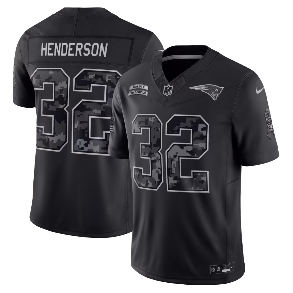 Men's New England Patriots TreVeyon Henderson Nike Black 2026 Salute to Service Stitched Limited Jersey - SUjersey01