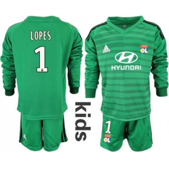 Lyon #1 Lopes Green Goalkeeper Long Sleeves Kid Soccer Club Jersey