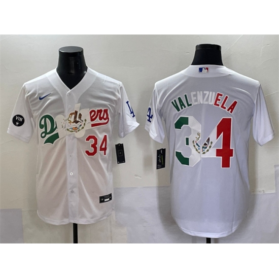 Men's Los Angeles Dodgers #34 Fernando Valenzuela White Mexico Special Vin Scully Stitched Baseball Jersey - Ujersey