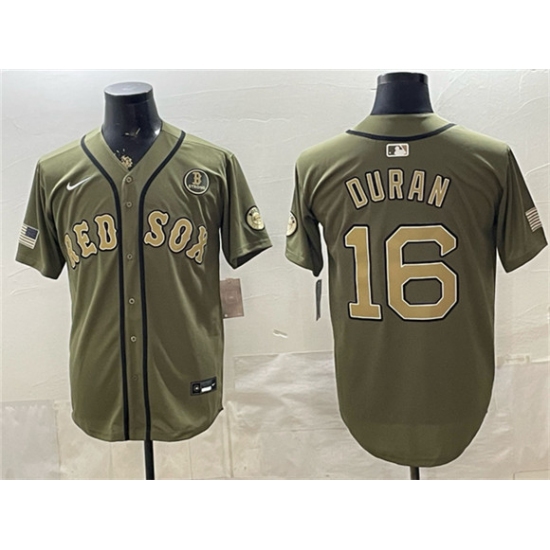 Men's Boston Red Sox #16 Jarren Duran Olive Armed Forces Day Cool Base Stitched Baseball Jersey