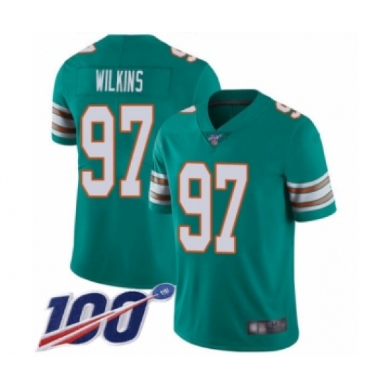 Men's Miami Dolphins #97 Christian Wilkins Aqua Green Alternate Vapor Untouchable Limited Player 100th Season Football Jersey - Ujersey