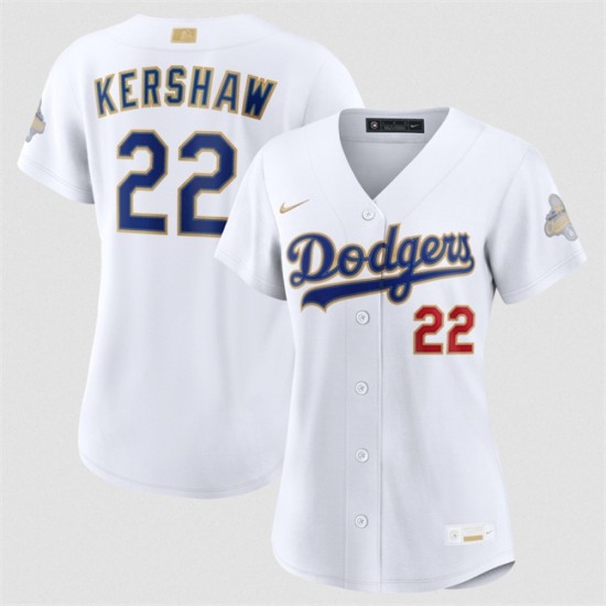 Women's Los Angeles Dodgers #22 Clayton Kershaw White 2026 Gold Collection Stadium Stitched Baseball Jersey(Run Small) - Ujersey
