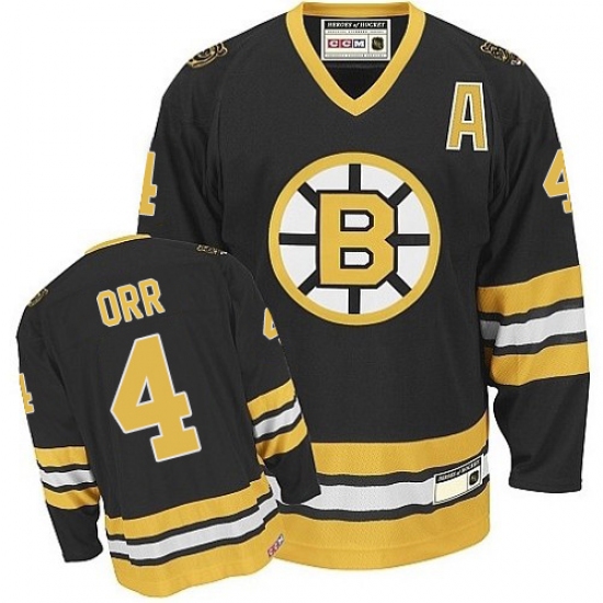 Men's CCM Boston Bruins #4 Bobby Orr Authentic Black/Gold Throwback NHL Jersey - Ujersey