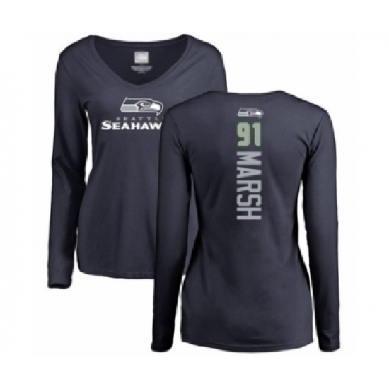 Football Women's Seattle Seahawks #91 Cassius Marsh Navy Blue Backer Long Sleeve T-Shirt - Ujersey