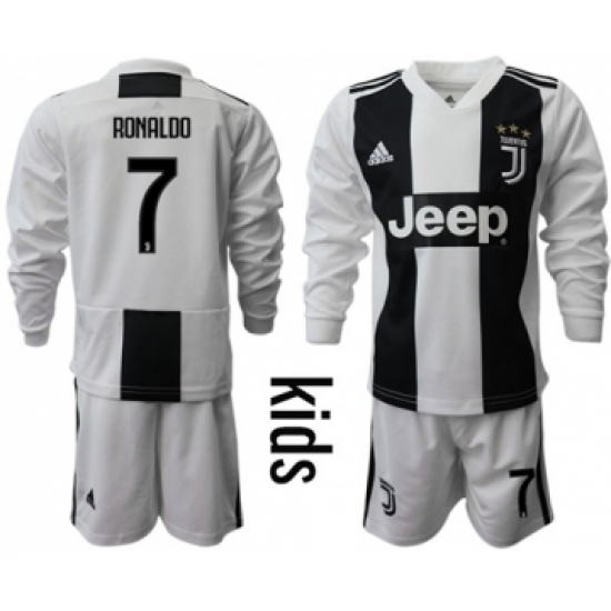 Juventus #7 Ronaldo Home Long Sleeves Kid Soccer Club Jersey