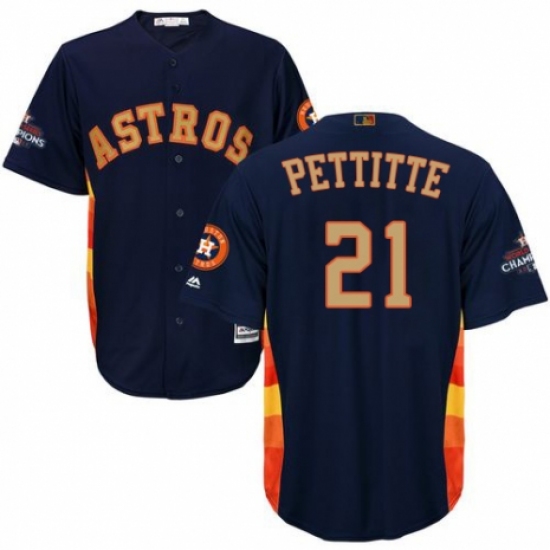Men's Majestic Houston Astros #21 Andy Pettitte Replica Navy Blue Alternate 2018 Gold Program Cool Base MLB Jersey - Ujersey