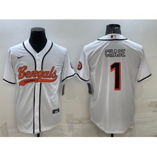 Men's Cincinnati Bengals #1 JaMarr Chase White With Patch Cool Base Stitched Baseball Jersey - Ujersey
