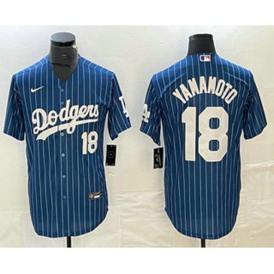 Men's Los Angeles Dodgers #18 Yoshinobu Yamamoto Number Blue Pinstripe Cool Base Stitched Baseball Jersey - Ujersey