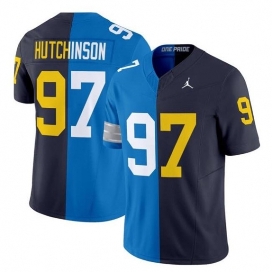 Men's Detroit Lions #97 Aidan Hutchinson Blue Navy Split F.U.S.E. Vapor Limited Football Stitched Jersey - Ujersey