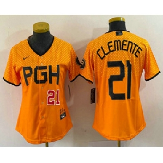 Women's Pittsburgh Pirates #21 Roberto Clemente Number Yellow 2023 City Connect Stitched Jersey1 - Ujersey