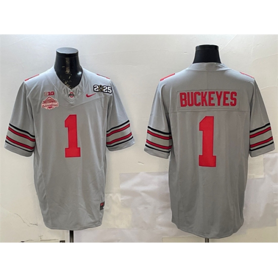 Men's Ohio State Buckeyes #1 Buckeyes Grey 2025 CFP Final With National Champions F.U.S.E. Vapor Limited Stitched Football Jersey