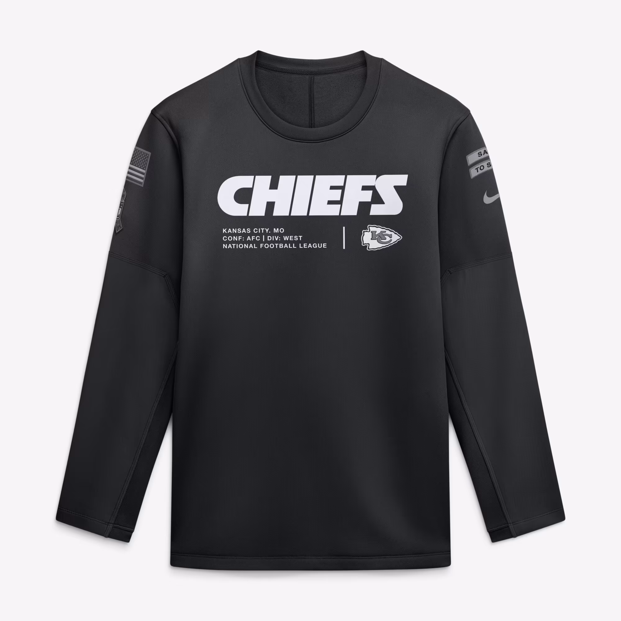 Men's Kansas City Chiefs  Nike Black 2026 Salute to Service Sideline Coaches Crewneck Therma-FIT Sweatshirt - Ujersey