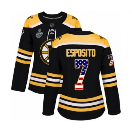 Women's Boston Bruins #7 Phil Esposito Authentic Black USA Flag Fashion 2019 Stanley Cup Final Bound Hockey Jersey - Ujersey