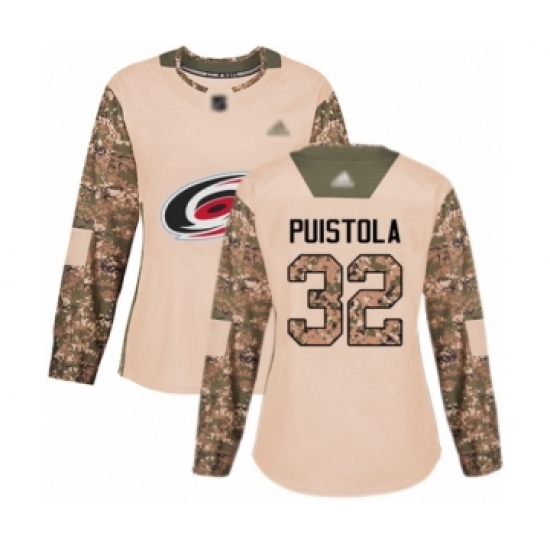 Women's Carolina Hurricanes #32 Patrik Puistola Authentic Camo Veterans Day Practice Hockey Jersey
