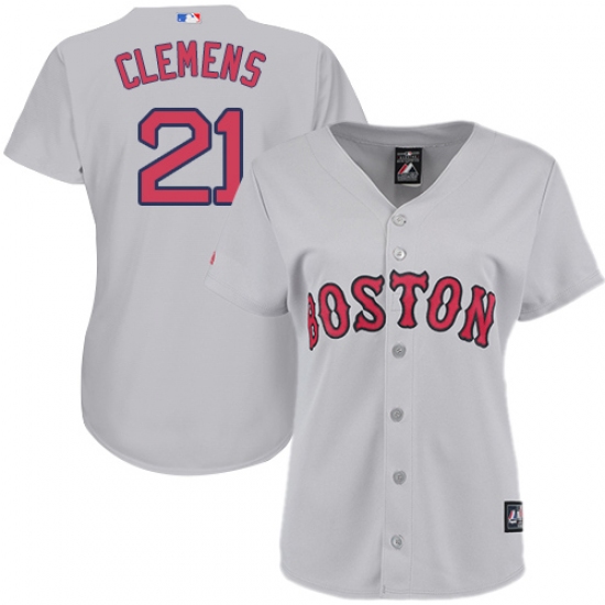 Women's Majestic Boston Red Sox #21 Roger Clemens Authentic Grey Road MLB Jersey - Ujersey